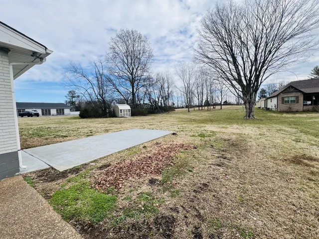 a view of a yard with brick walls