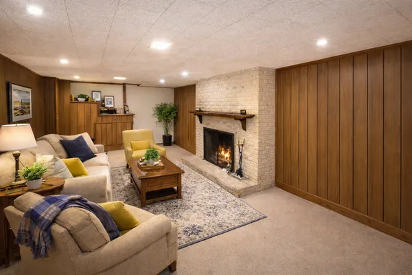 a living room with furniture and a fireplace