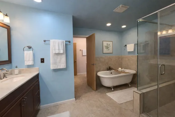 a bathroom with a double vanity sink mirror and shower