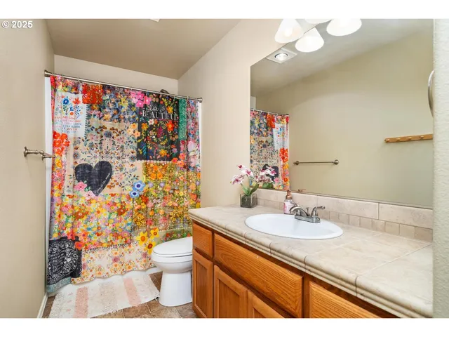 a bathroom with a sink vanity mirror and toilet