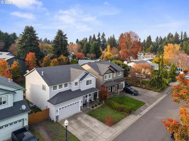 an aerial view of a house with a garden and trees