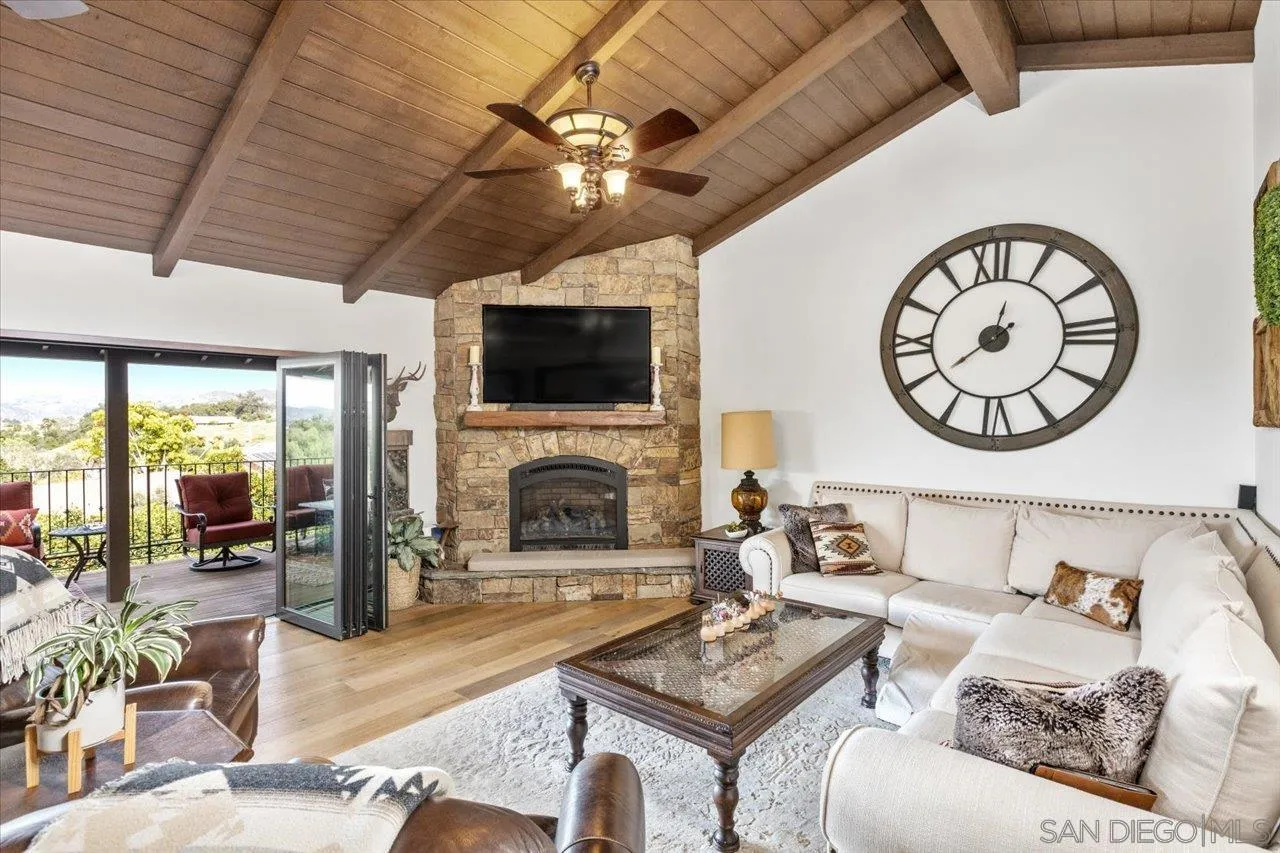 1379 Sunny Heights Road Fallbrook, CA 92028 - Photo 17 of 64 a living room with furniture a fireplace and a flat screen tv