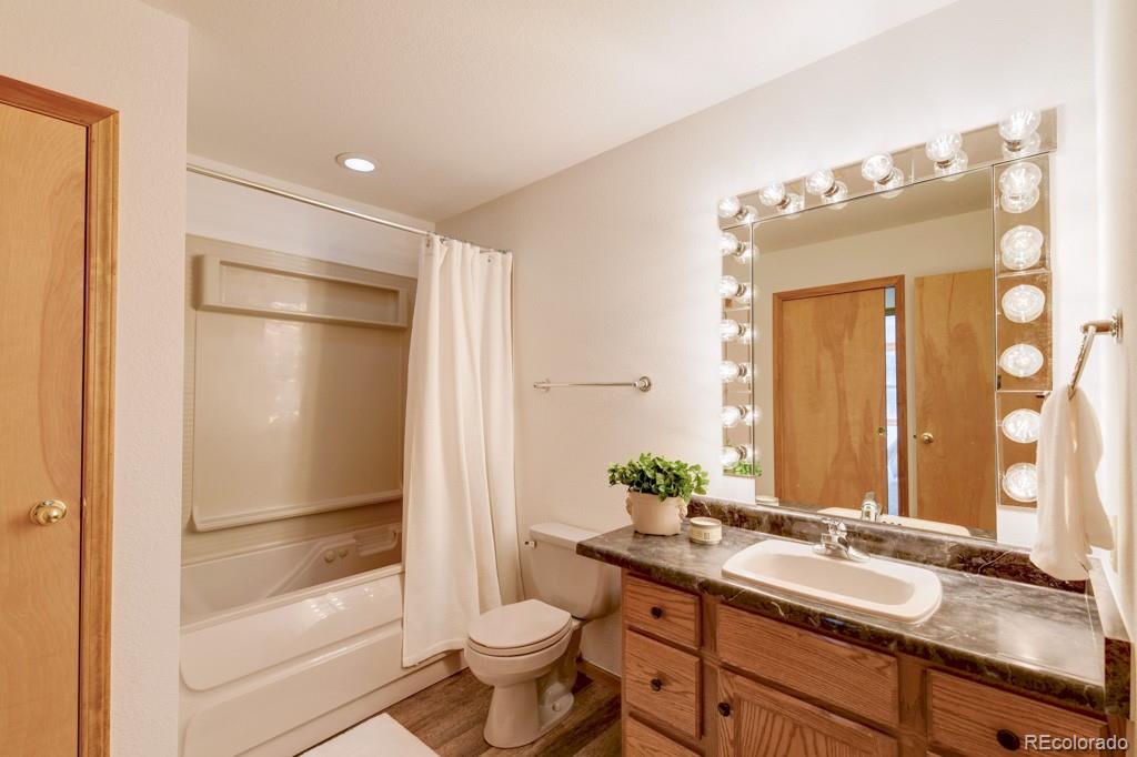 18673 North Elbert Road Elbert, CO 80106 - Photo 25 of 50 a bathroom with a granite countertop sink toilet and shower