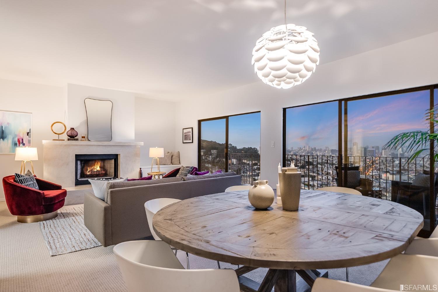 138 Corwin Street San Francisco, CA 94114 - Photo 3 of 60 a dining room with furniture a fireplace and large windows