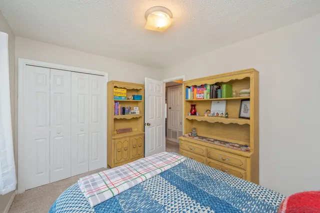 a bedroom with a bed and a cabinets