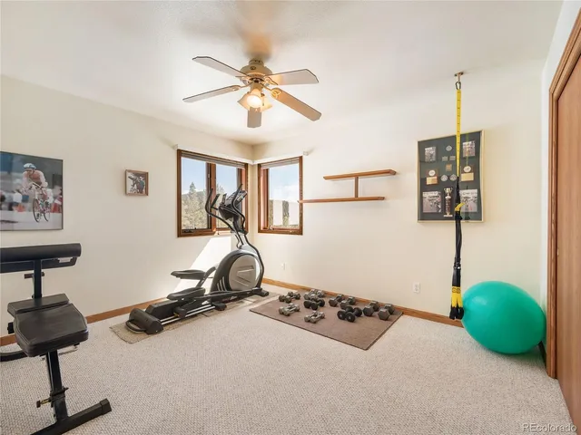 a room with gym equipment and a view of living room