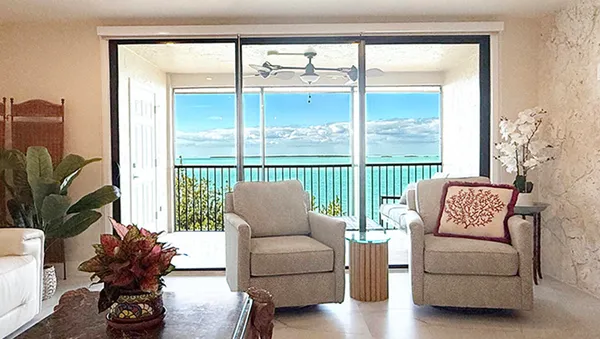 a living room with furniture and a potted plant