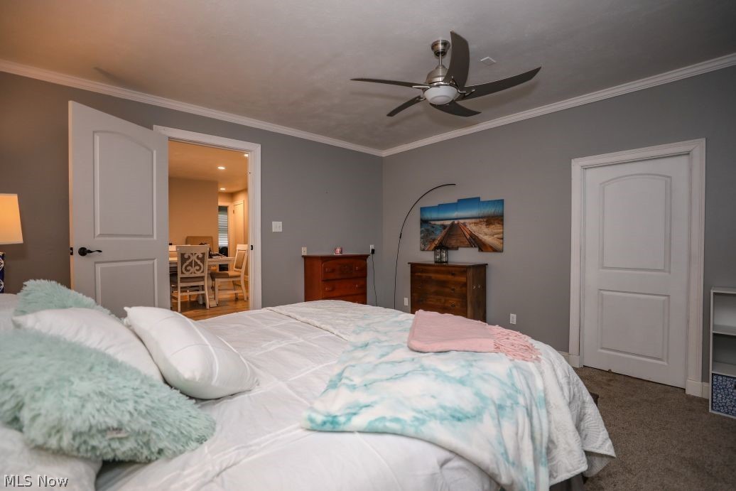 10676 Holcomb Road Newton Falls, OH 44444 - Photo 32 of 38 Carpeted bedroom featuring ornamental molding and ceiling fan