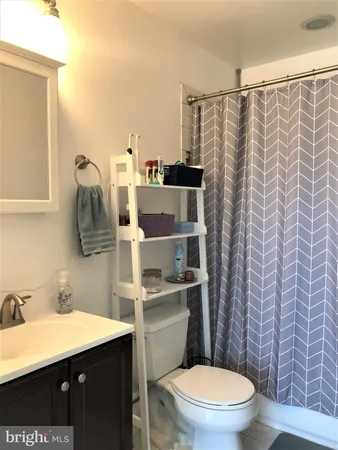 a bathroom with a sink a toilet and shower curtain