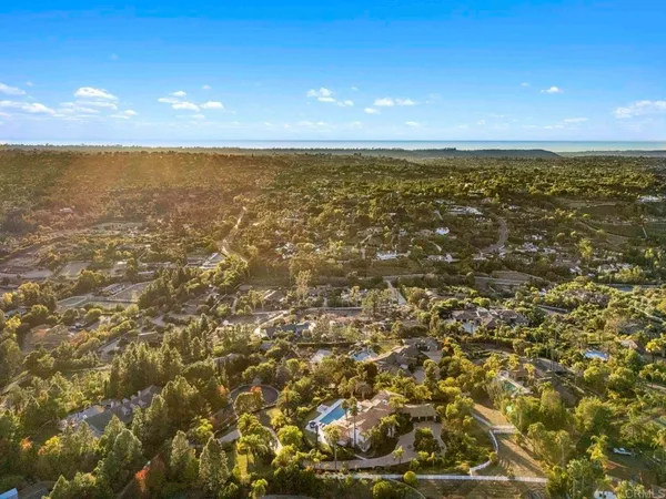 an aerial view of a swimming pool