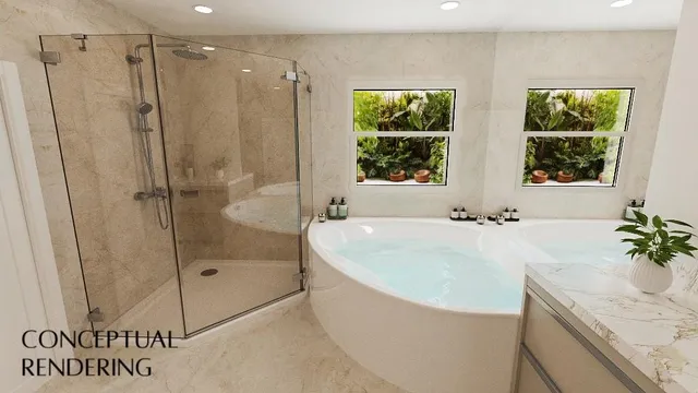 a bathroom with a tub and shower