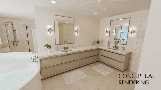 a bathroom with a sink vanity and a mirror