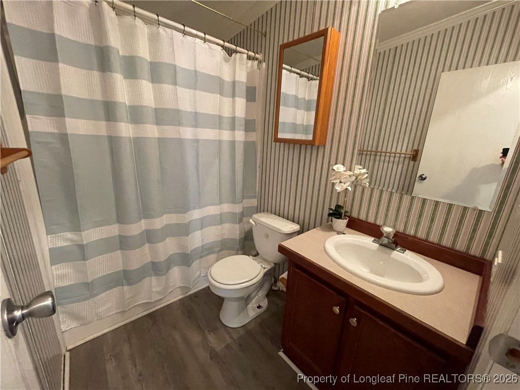 5922 Shiloah Church Road Fayetteville, NC 28306 - Photo 14 of 23 a bathroom with a sink toilet a mirror and shower curtain