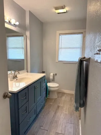 a bathroom with a sink toilet and mirror
