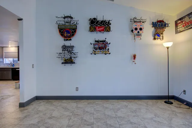 a view of a dining room with furniture