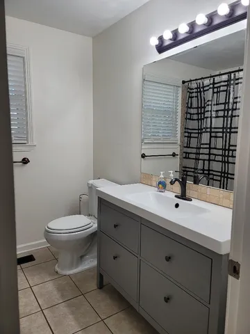 a bathroom with a double vanity sink mirror and toilet