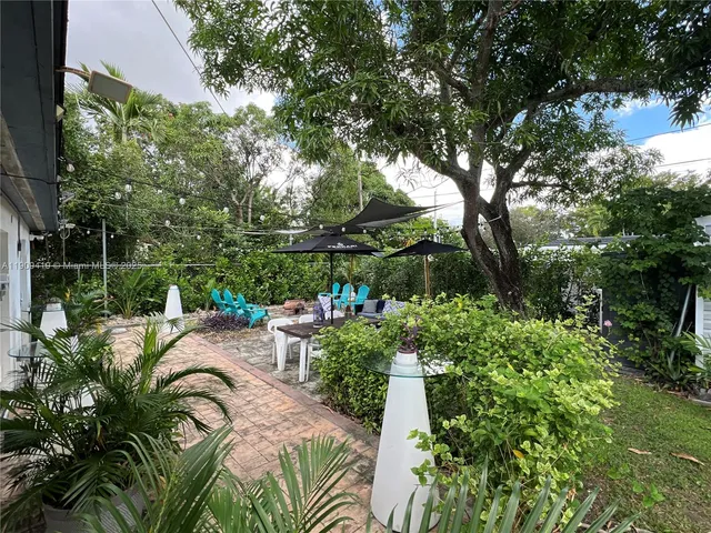 a view of a backyard with sitting area