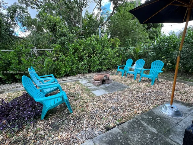 a backyard of a house with table and chairs