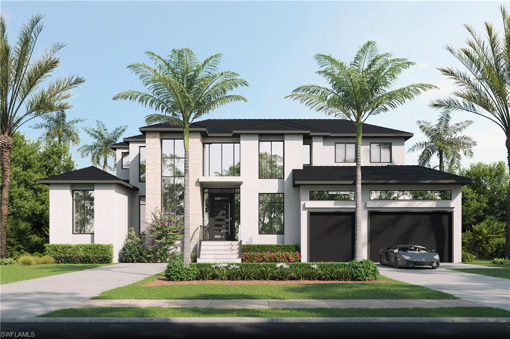3898 Crayton Road Naples, FL 34103 - Photo 1 of 35 Architectural rendering. Plans and finishes can be customized. Contemporary home featuring concrete driveway, stucco siding, and an attached garage.