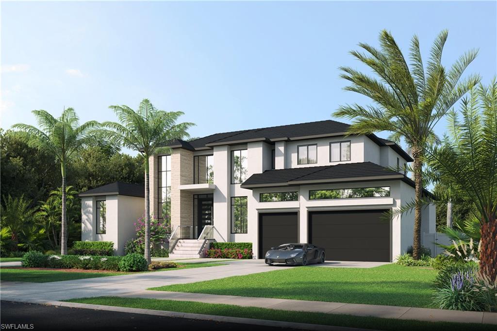 3898 Crayton Road Naples, FL 34103 - Photo 2 of 35 Architectural rendering. Plans and finishes can be customized. Contemporary house with driveway, stucco siding, a front lawn, and an attached garage.