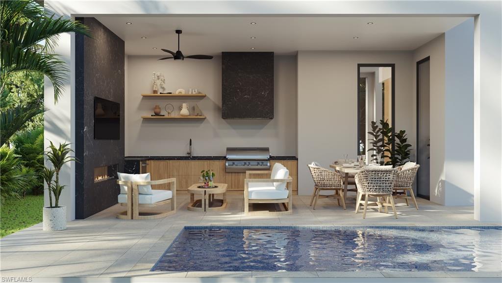 3898 Crayton Road Naples, FL 34103 - Photo 6 of 35 Architectural rendering. Plans and finishes can be customized. Patio outdoor kitchen featuring open shelves, recessed lighting, dark countertops, and a ceiling fan.