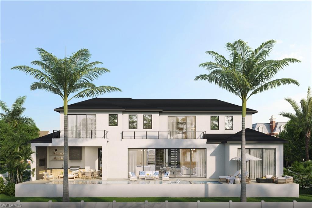 3898 Crayton Road Naples, FL 34103 - Photo 7 of 35 Architectural rendering. Plans and finishes can be customized. Rear view of house featuring an outdoor hangout area, a patio area, stucco siding, and a balcony.