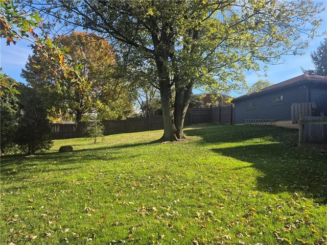 a view of a backyard with large trees