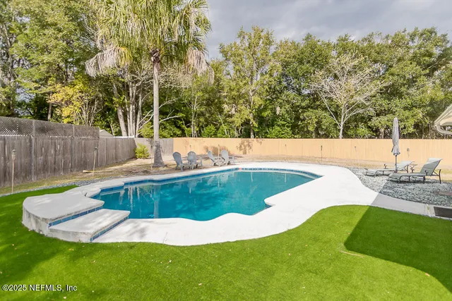 a view of a swimming pool with a backyard