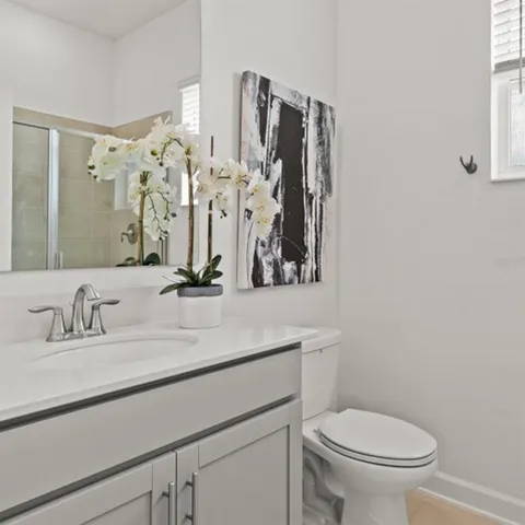 a bathroom with a sink a toilet and a mirror