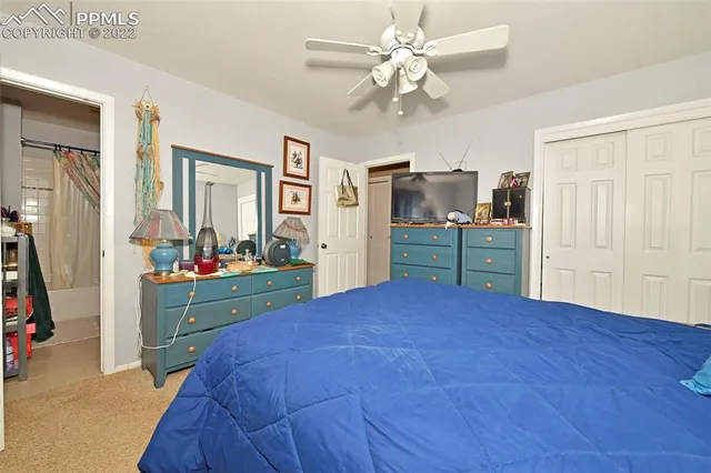 a bed room with a bed mirror and a dresser