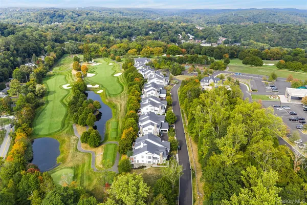 an aerial view of residential houses with outdoor space and trees