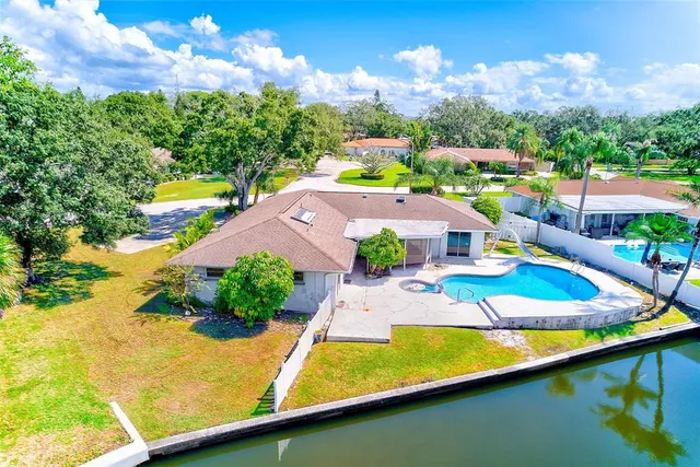 a view of a swimming pool with lawn chairs and potted plants