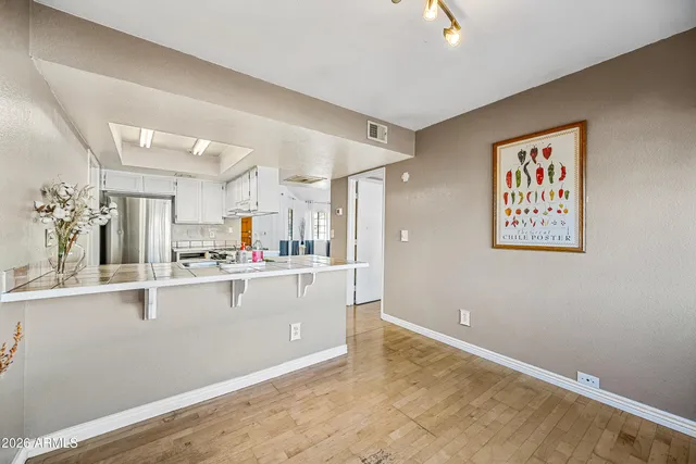 a view of a room with a window