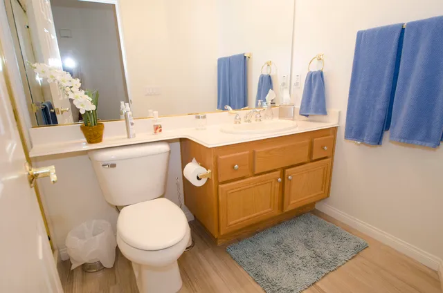 a bathroom with a sink mirror vanity and toilet