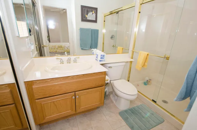 a bathroom with a sink a toilet a mirror and shower