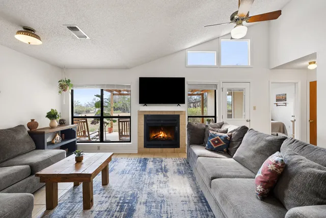 a living room with furniture a fireplace and a flat screen tv