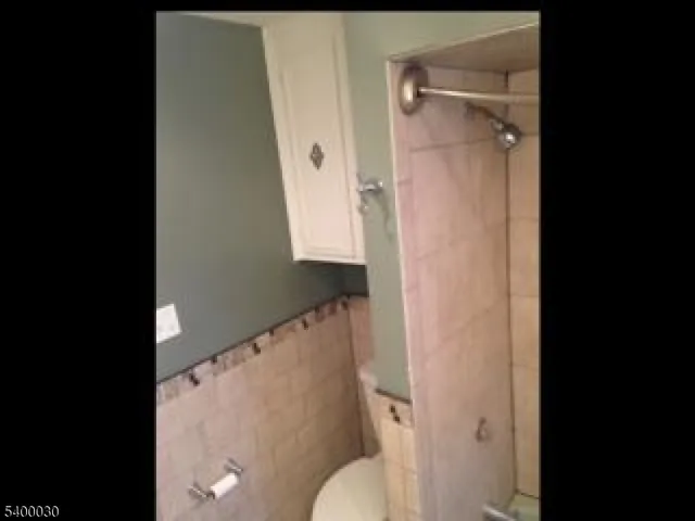 a bathroom with a shower and a toilet