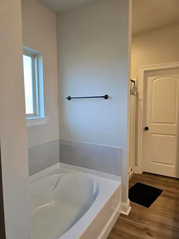 a bathroom with a bathtub and shower