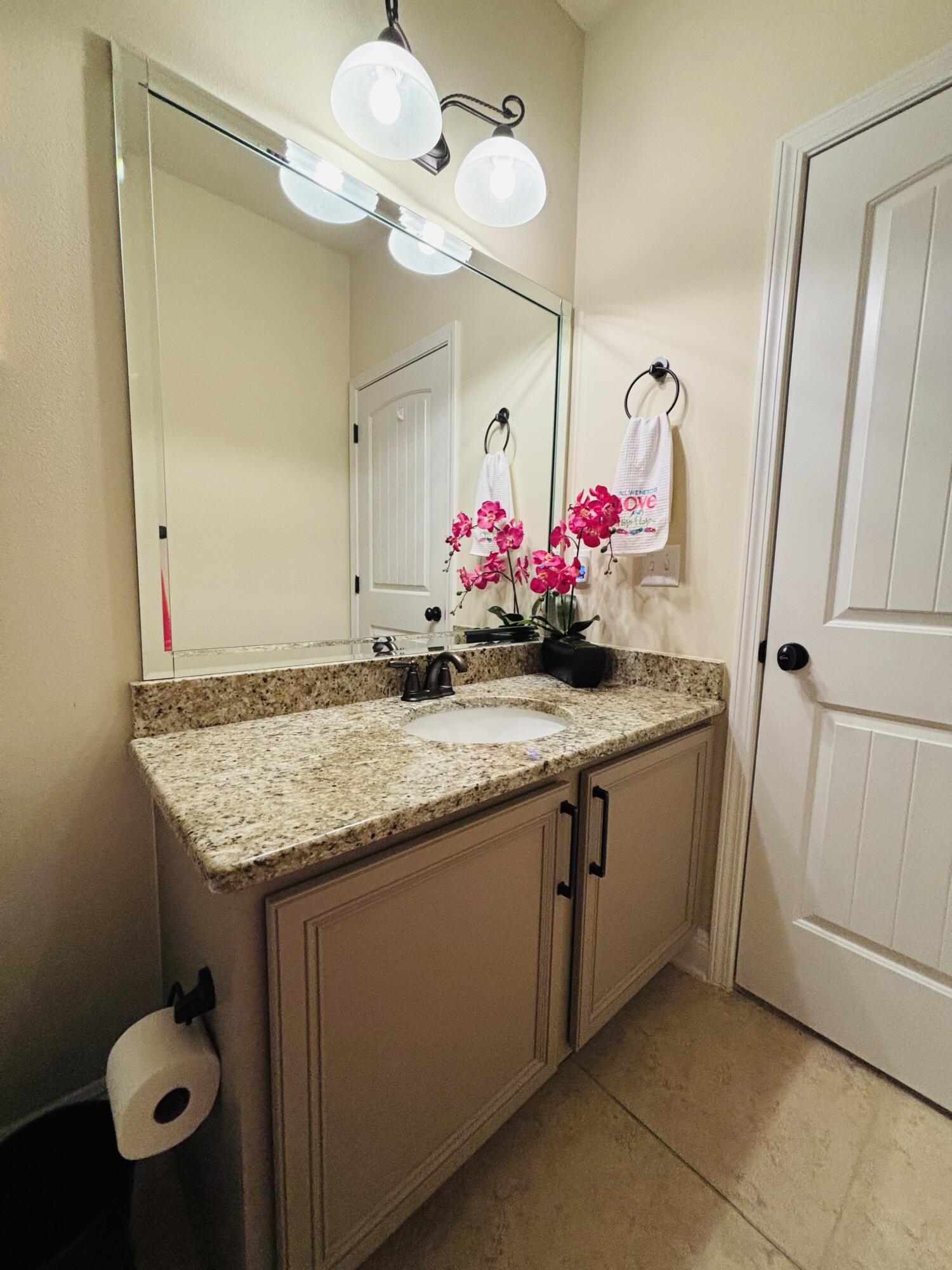 14 Lullaby Lane Freeport, FL 32439 - Photo 8 of 15 a bathroom with a granite countertop shower a sink and a mirror