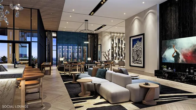 a living room with furniture a large window and a chandelier