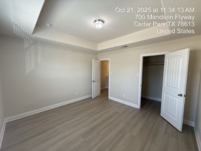 700 Mandarin Flyway, Unit 1401 Cedar Park, TX 78613 - Photo 21 of 27 Unfurnished bedroom featuring a tray ceiling, light wood-style floors, and a spacious closet