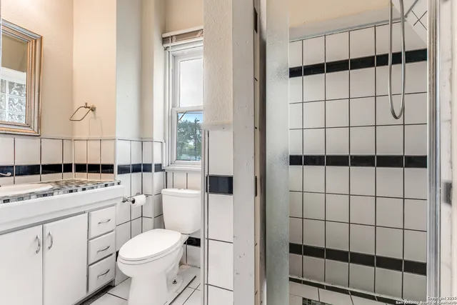 a bathroom with a sink toilet vanity and shower