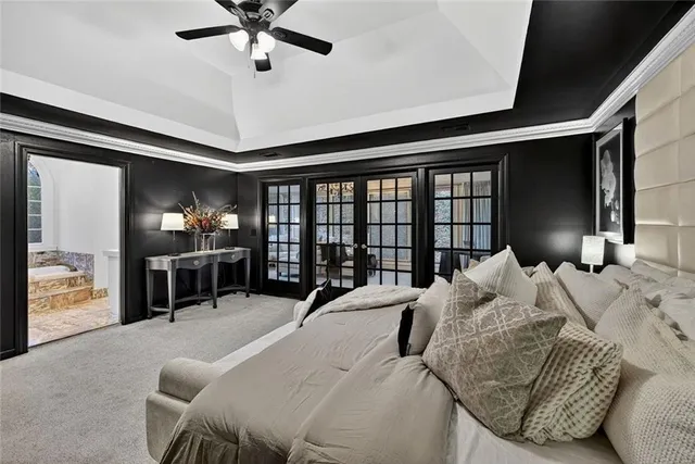 a living room with furniture a ceiling fan and a rug