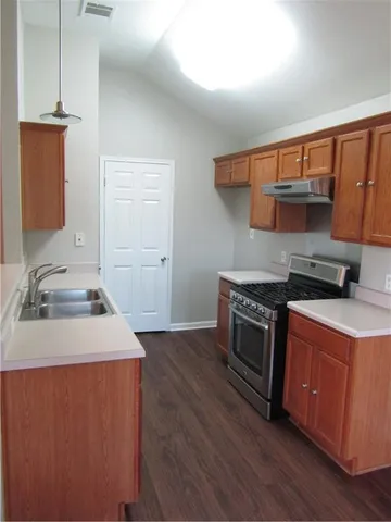 a kitchen with a stove and a sink