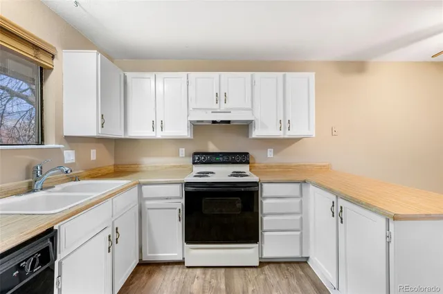 a kitchen with granite countertop a stove a sink and dishwasher