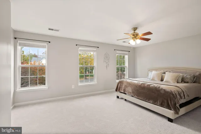 a living room with closet and ceiling fan