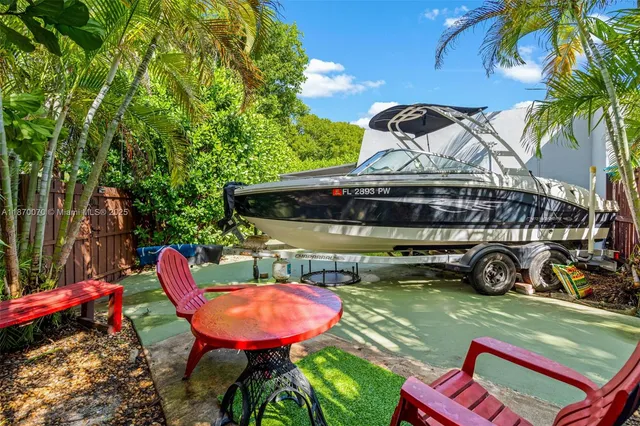 a view of a car in the back yard of the house