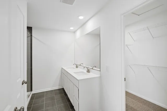 a bathroom with a sink a mirror and a shower