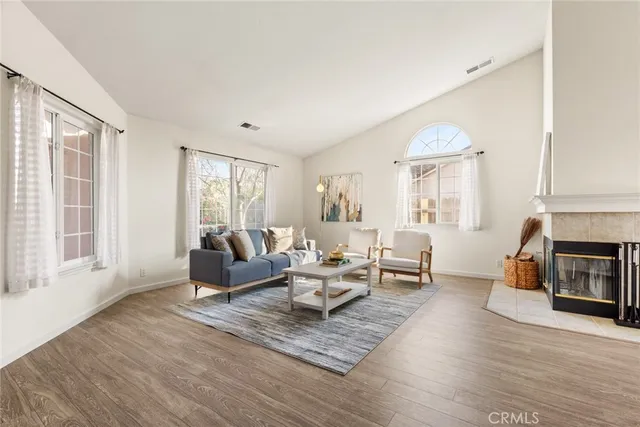 a living room with furniture window and a fireplace