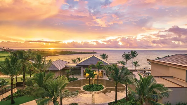 a view of a city with furniture